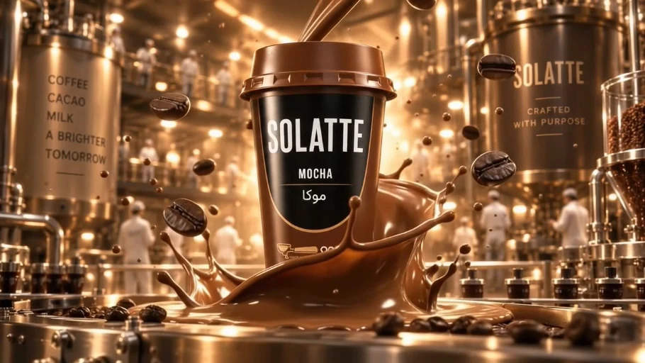 Cinematic CGI image featuring a Solatte Mocha coffee cup in a warm, copper-toned environment